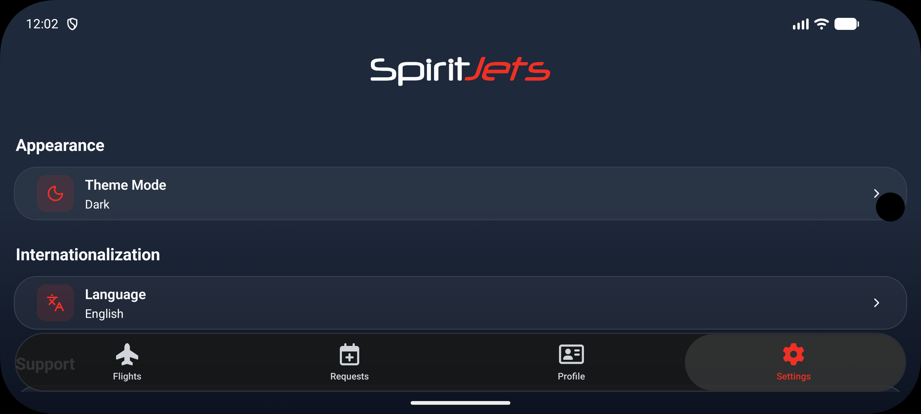 Settings screen - landscape