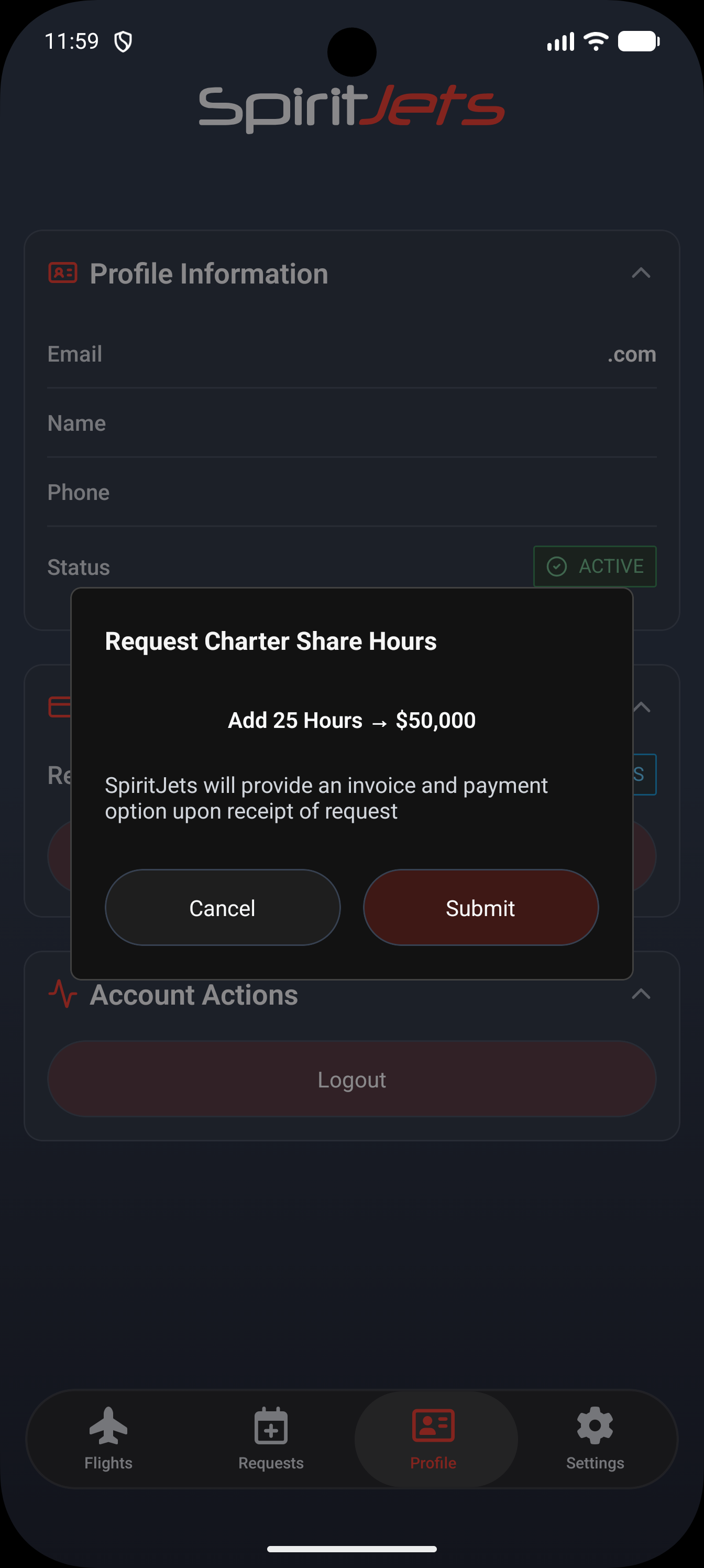 Charter Shares screen - portrait