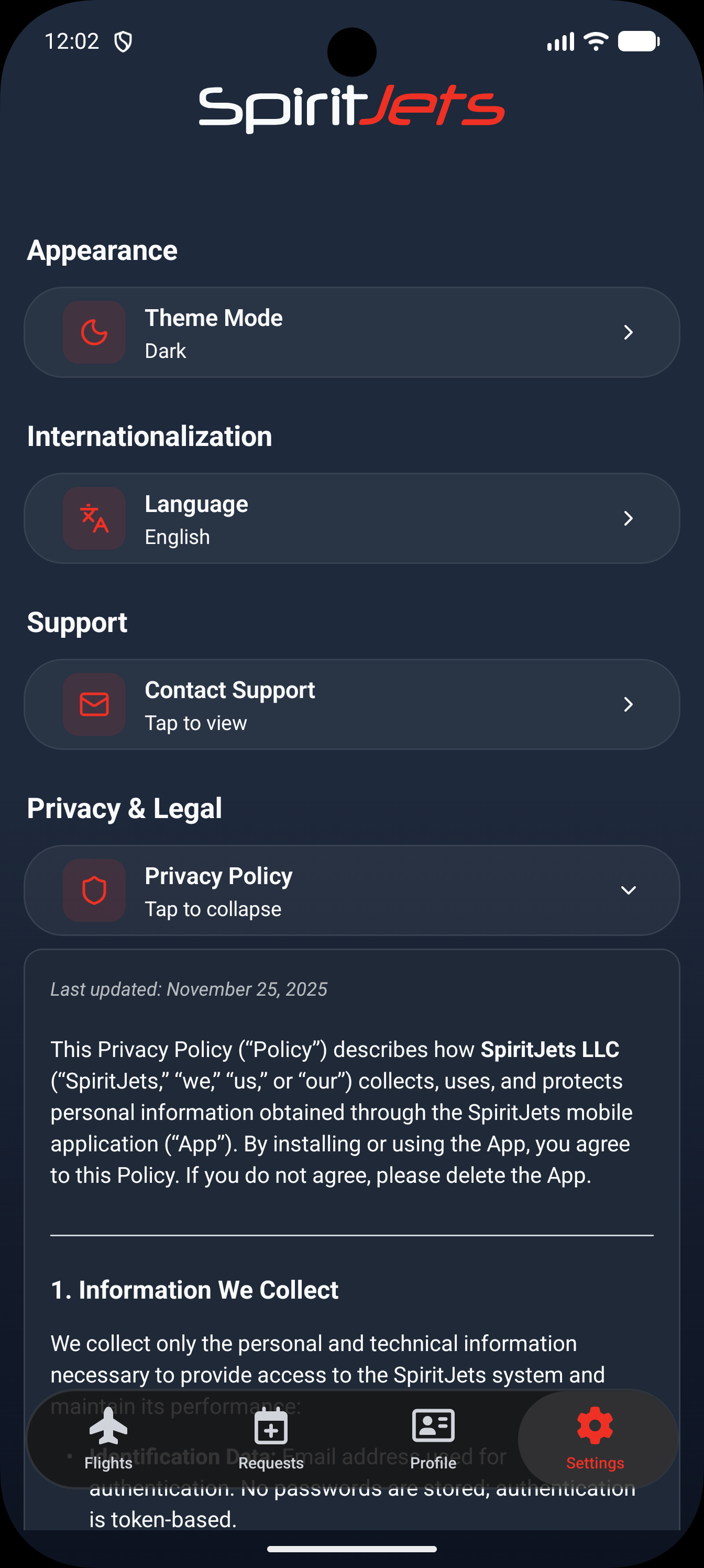 Settings screen - portrait