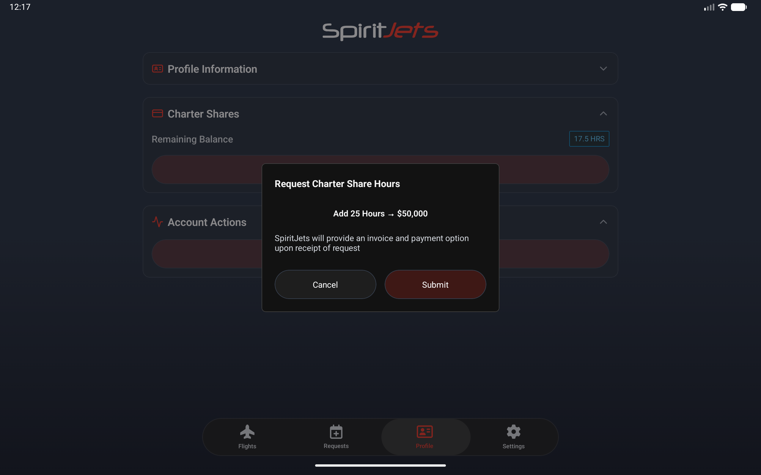Charter Shares screen - landscape