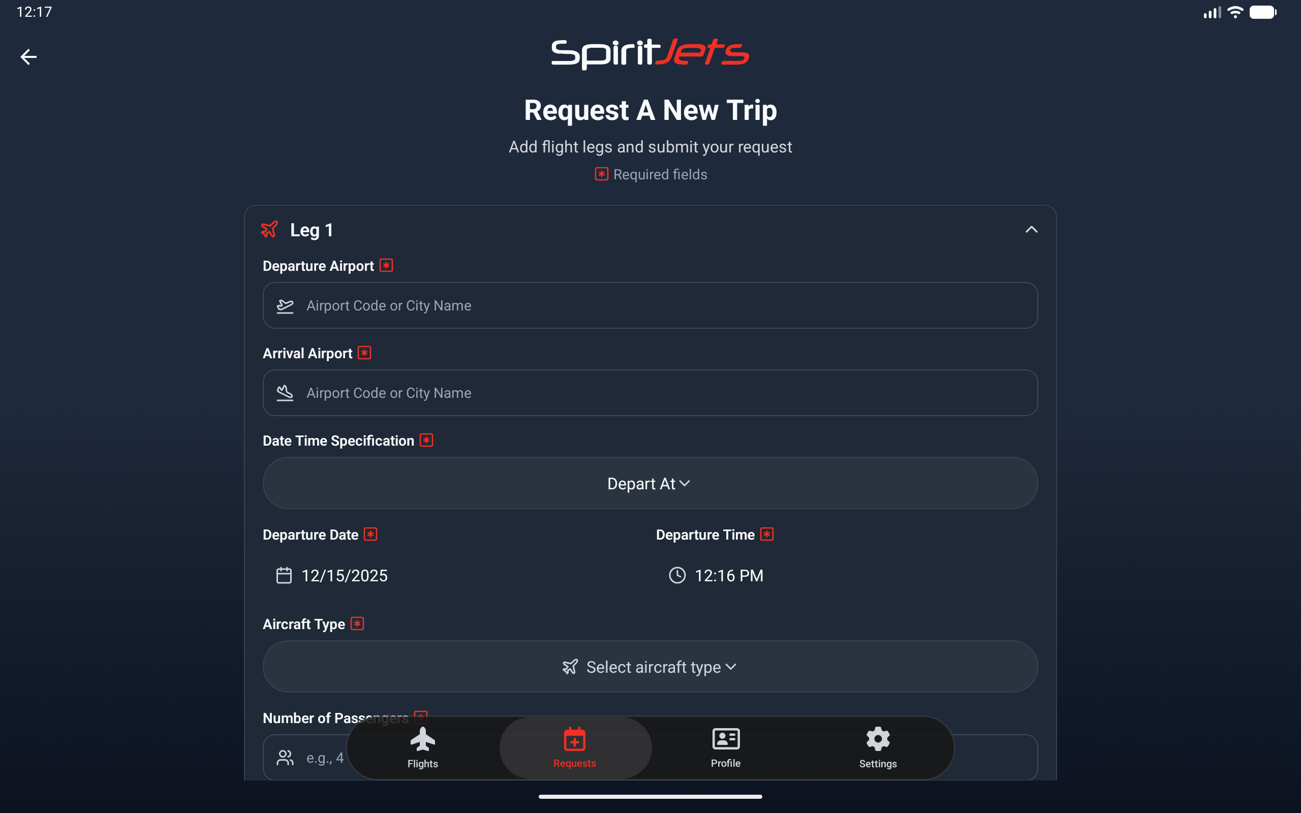New Request screen - landscape