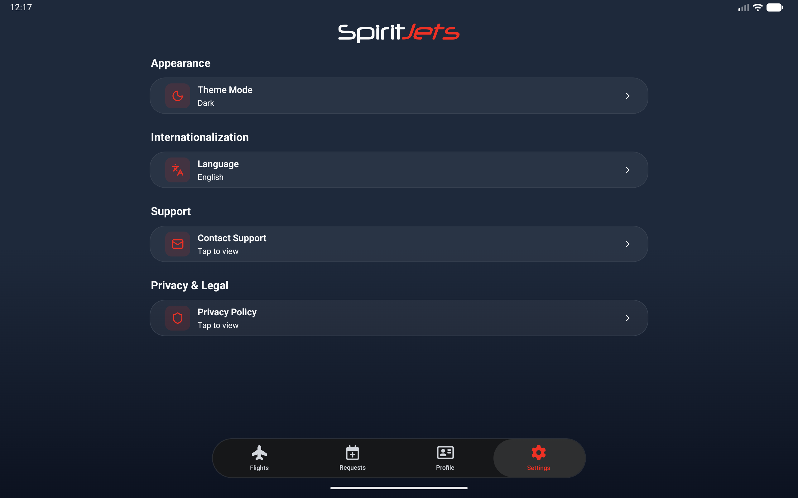 Settings screen - landscape