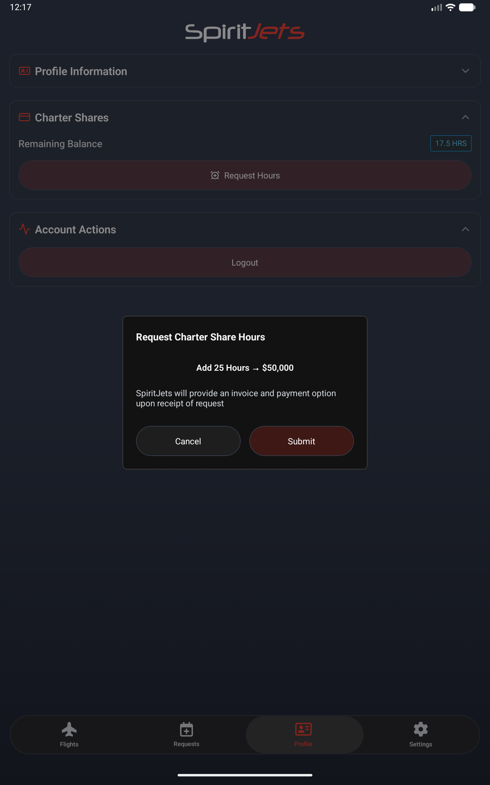 Charter Shares screen - portrait