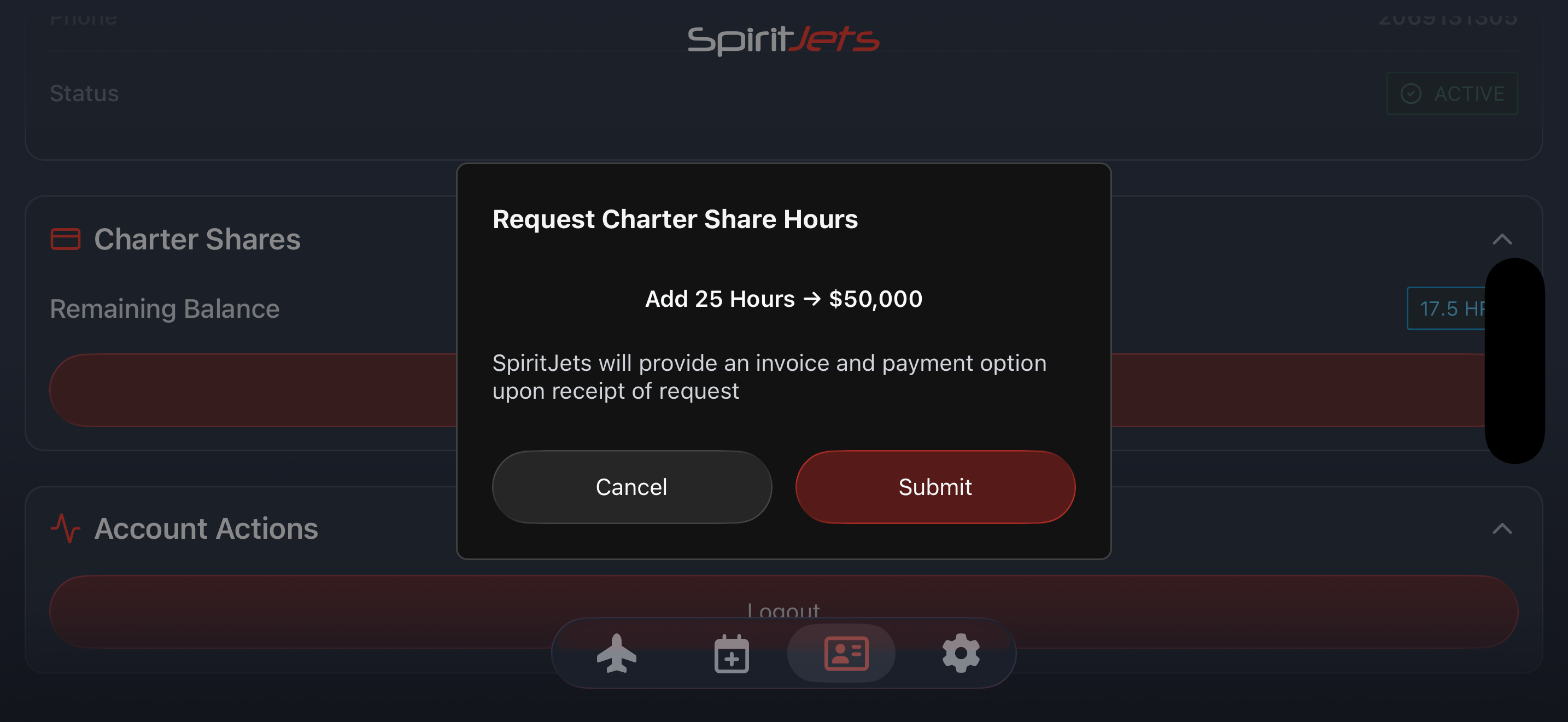 Charter Shares screen - landscape