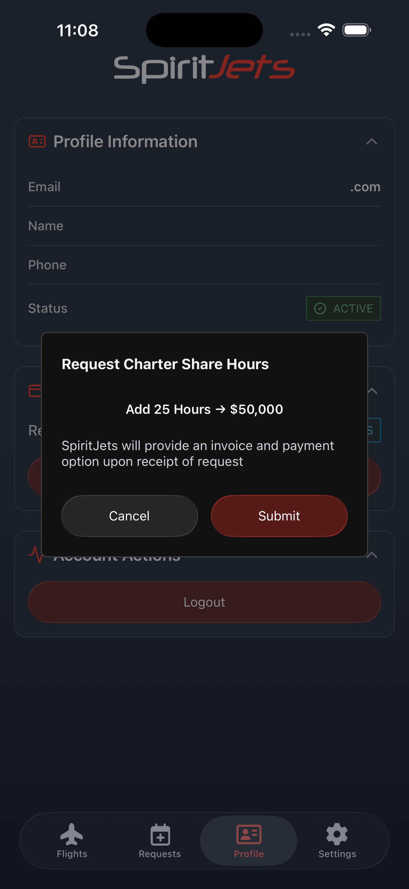 Charter Shares screen - portrait