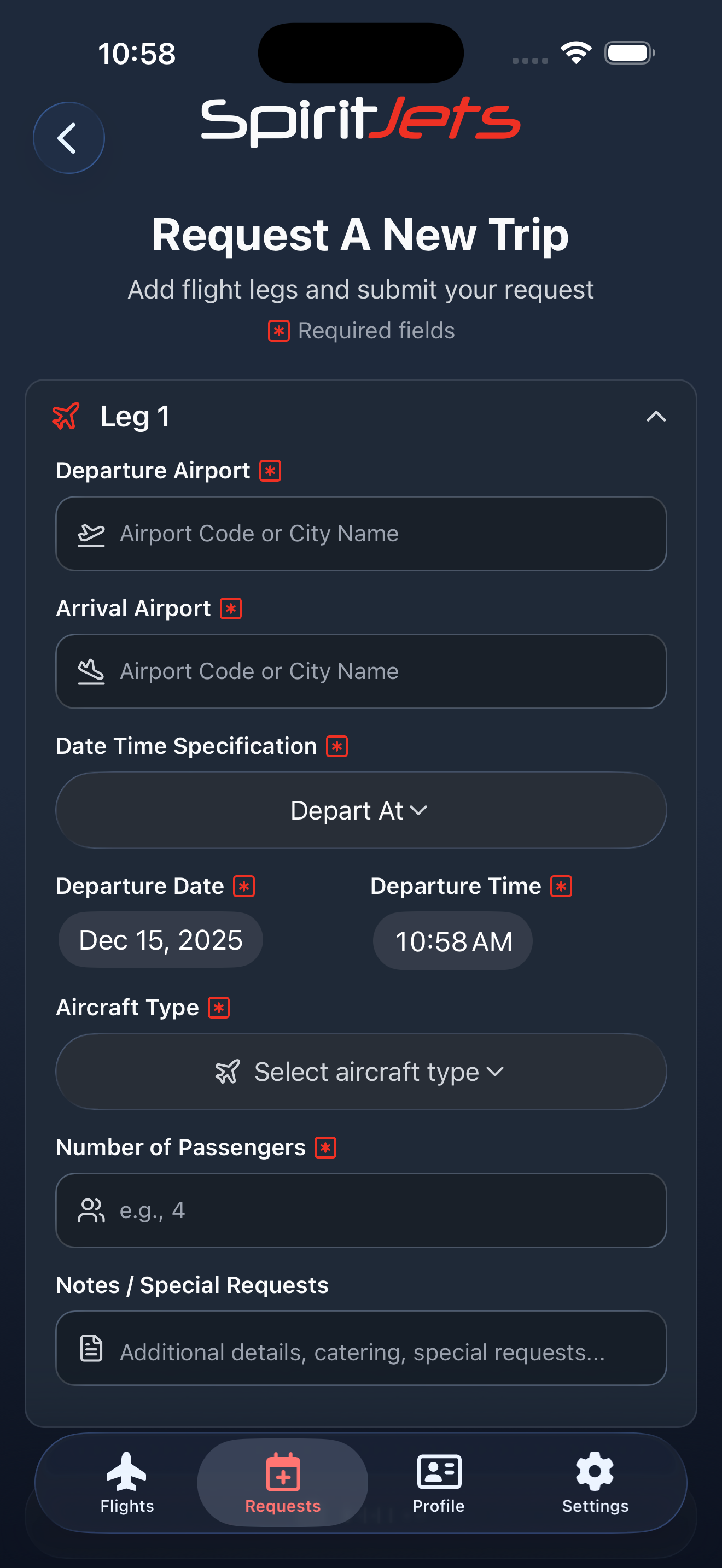 New Request screen - portrait