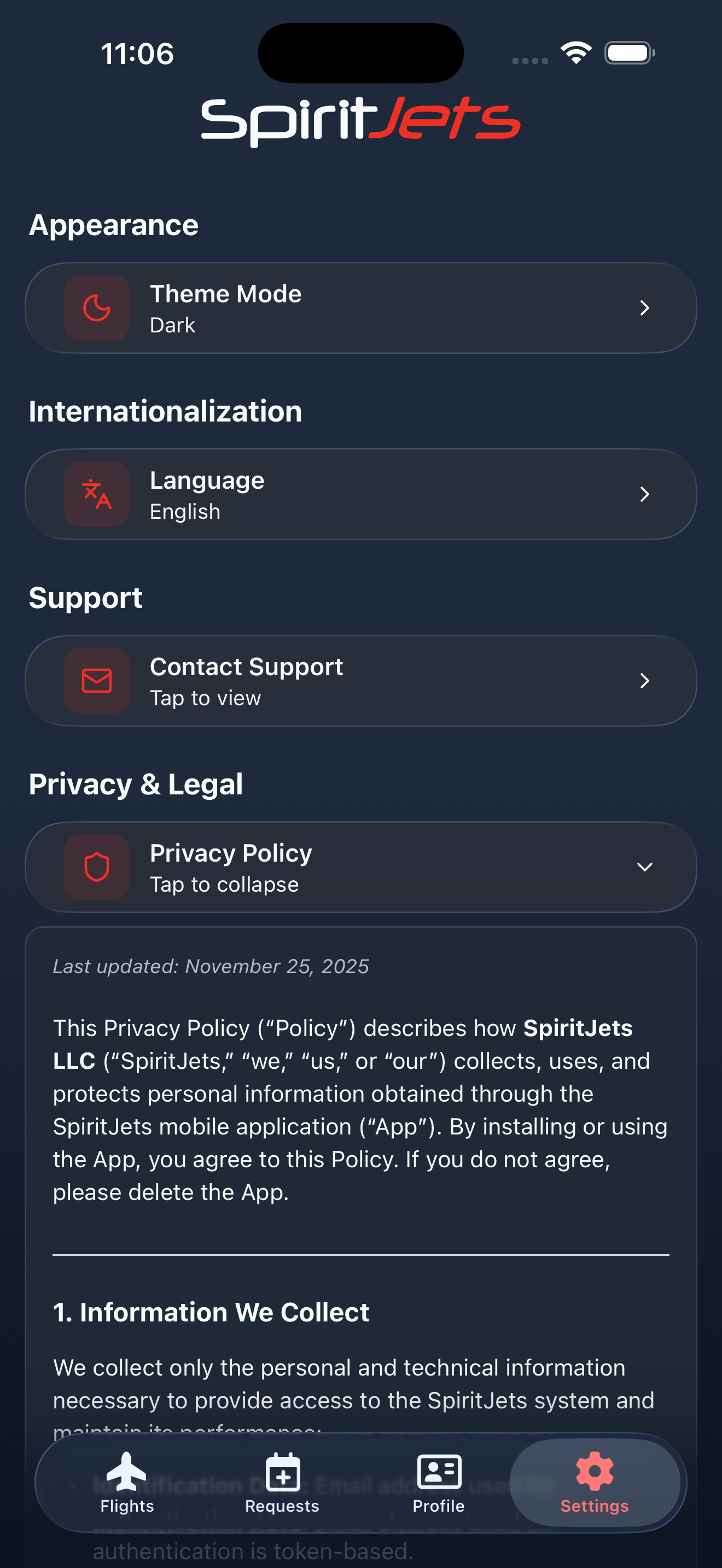 Settings screen - portrait