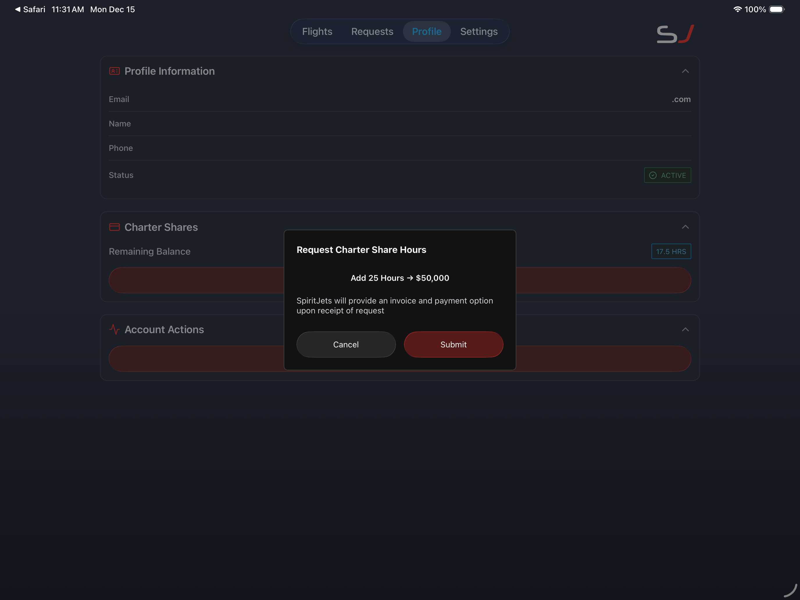 Charter Shares screen - landscape