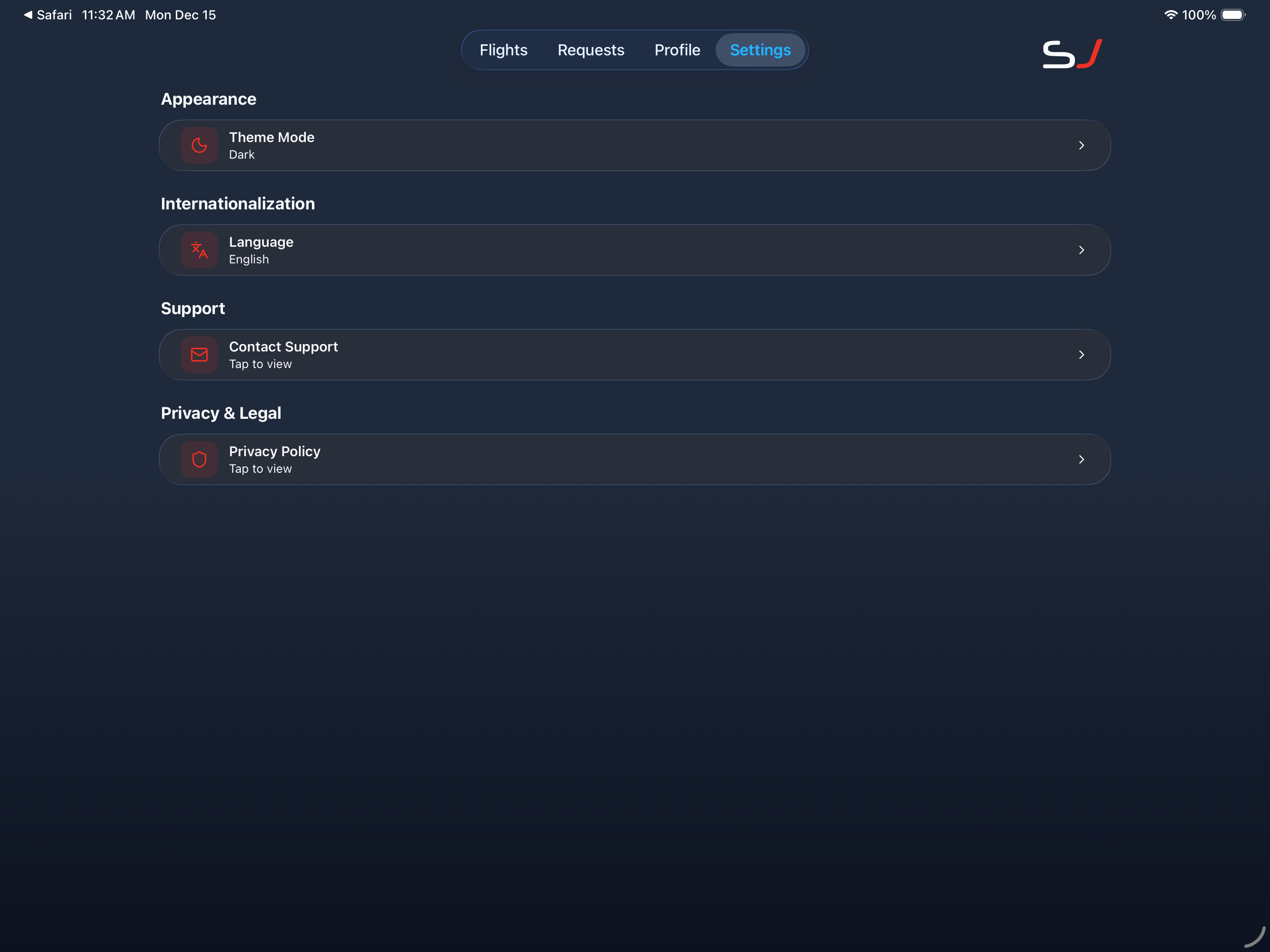 Settings screen - landscape
