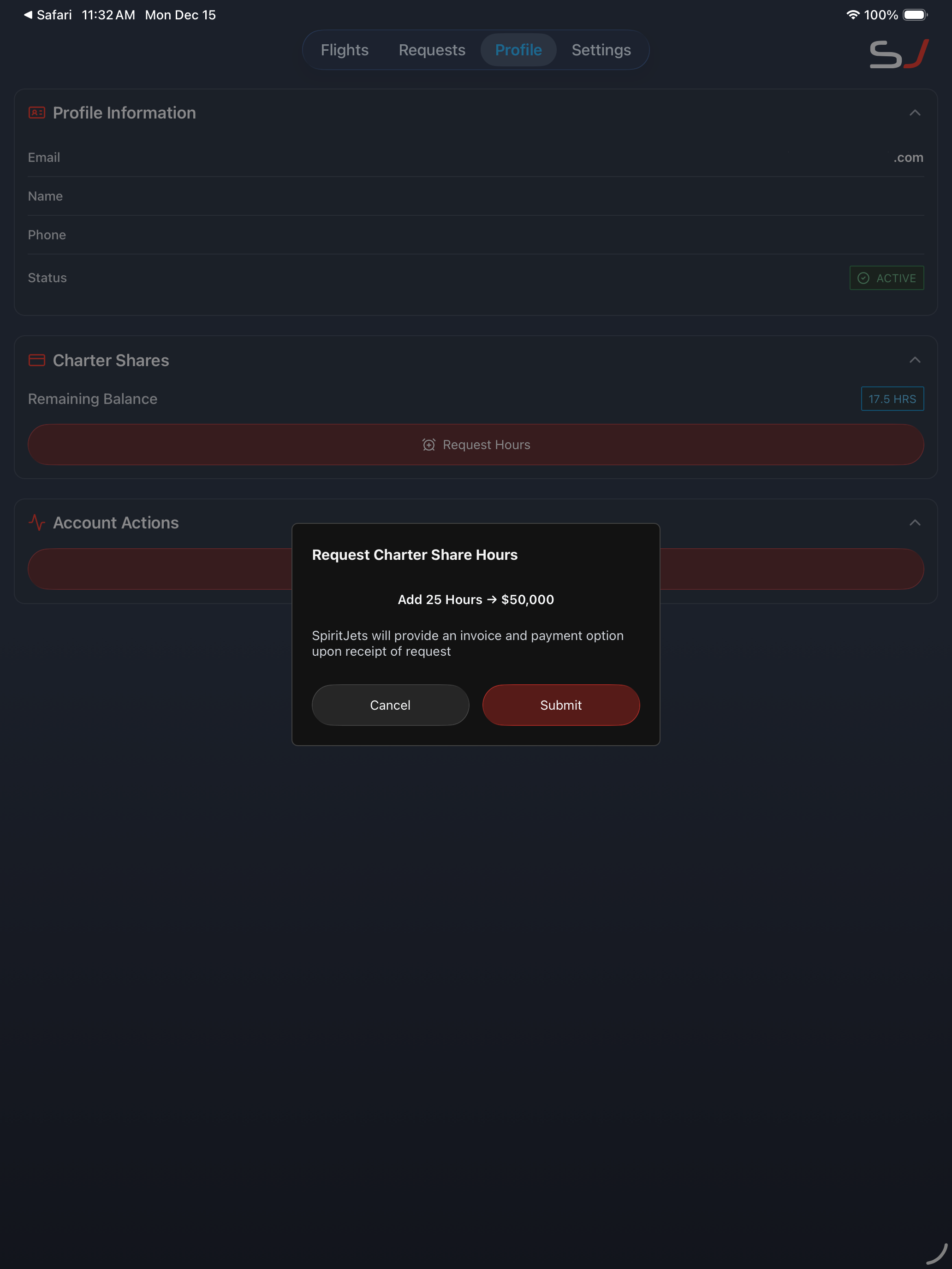 Charter Shares screen - portrait