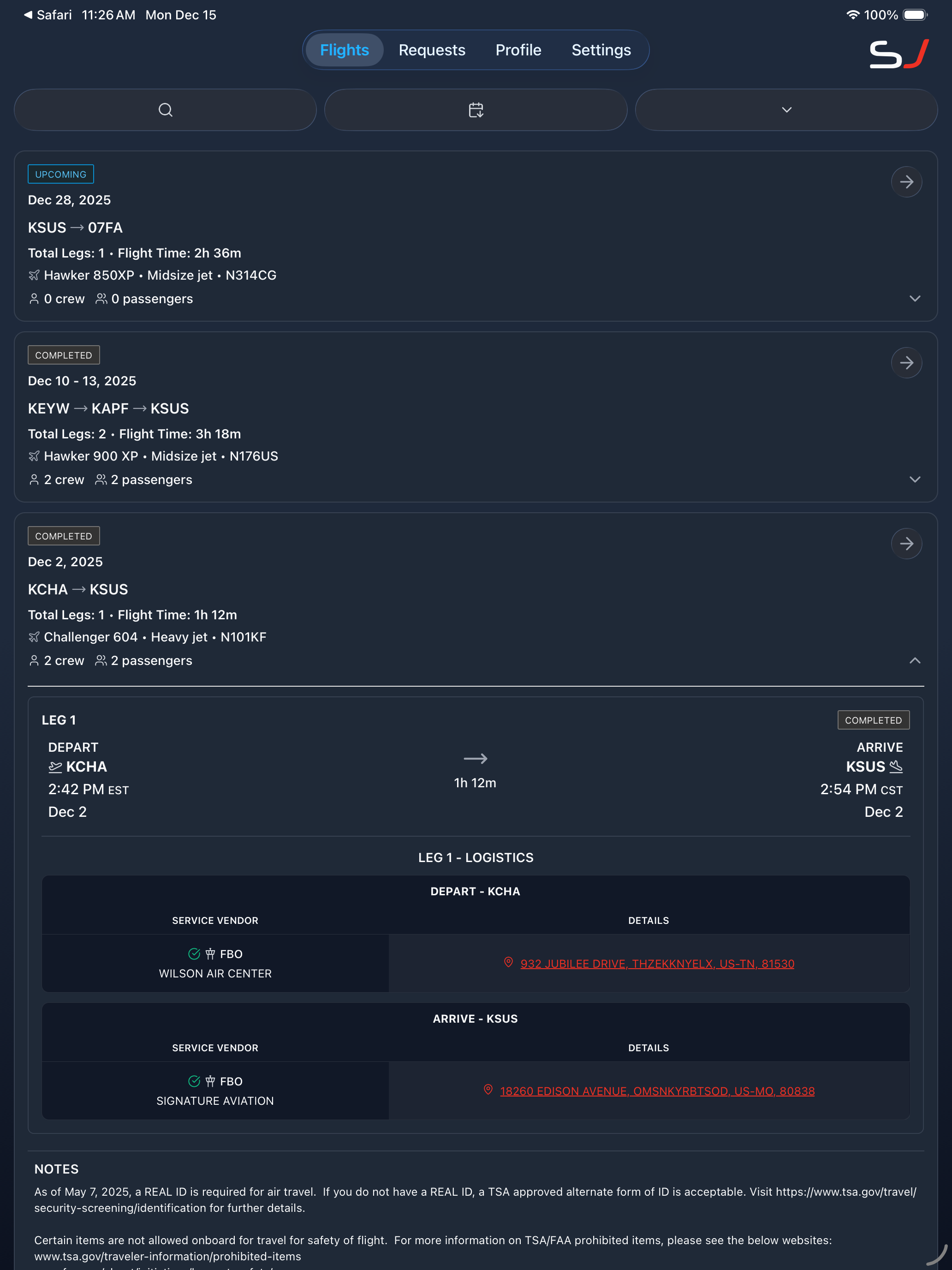 Flights screen - portrait